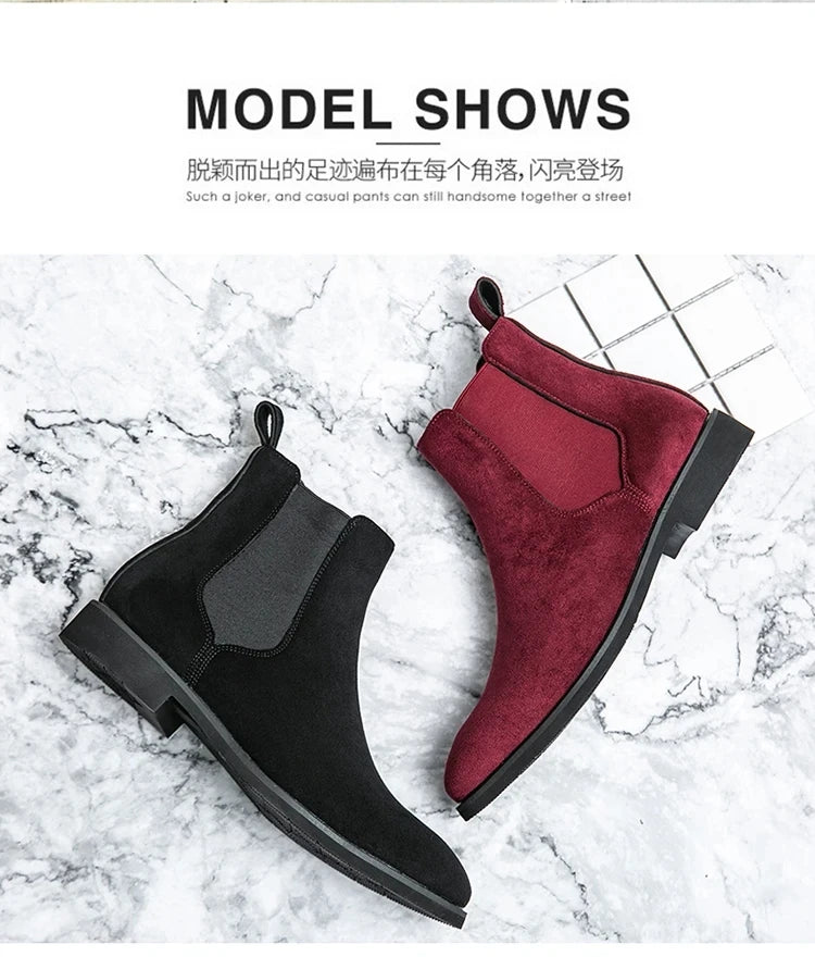 Beige Men Chelsea Boots Black Flock Round Toe Slip-On Business Handmade Men Boots  Botas De Hombre Wine Red Shoes Men