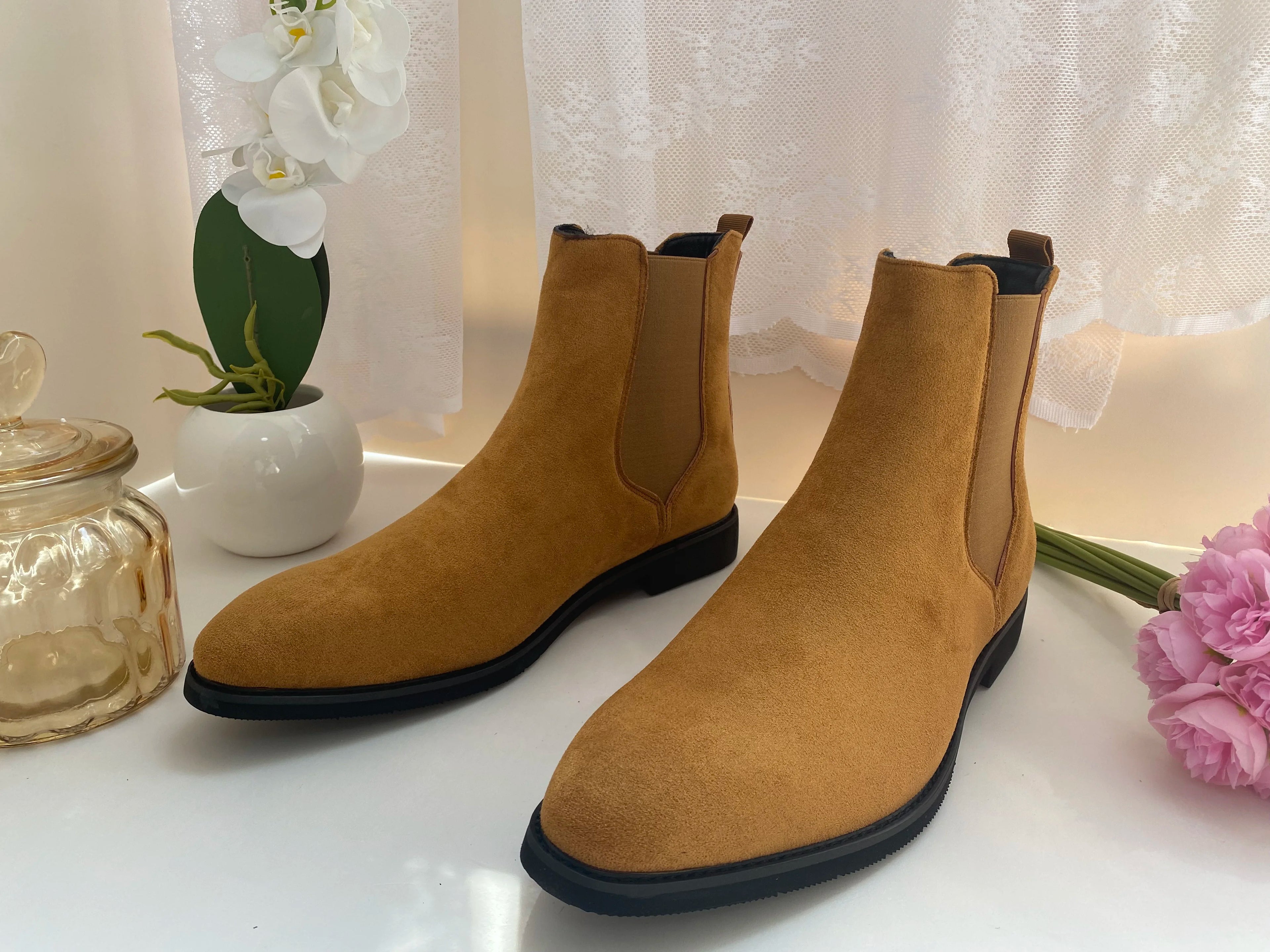 Beige Men Chelsea Boots Black Flock Round Toe Slip-On Business Handmade Men Boots  Botas De Hombre Wine Red Shoes Men