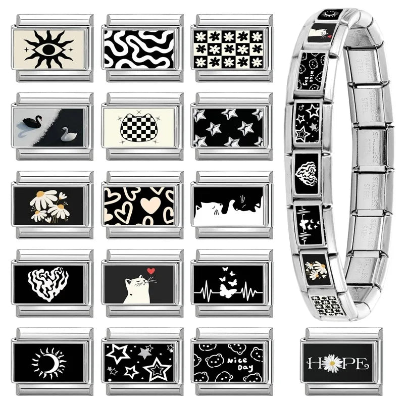 Personalized Black and White Moon Stars Cloud Italian Charm Links Fit 9mm Stainless Steel Bracelet Men Women DIY Making Gifts