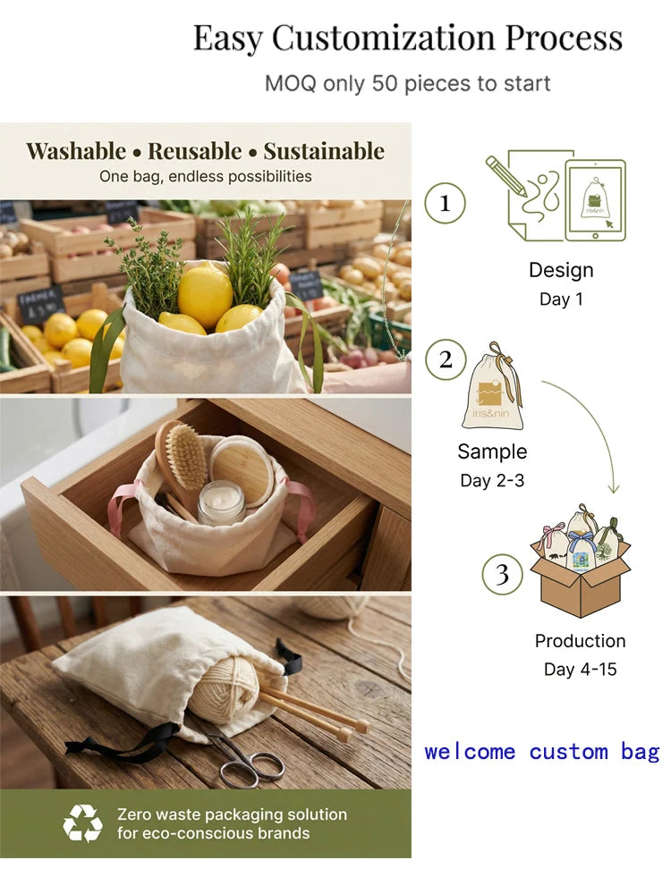 Small White Cotton Gift Bags Custom Party Muslin Linen Drawstring Bag Perfume Jewelry Logo Pouch