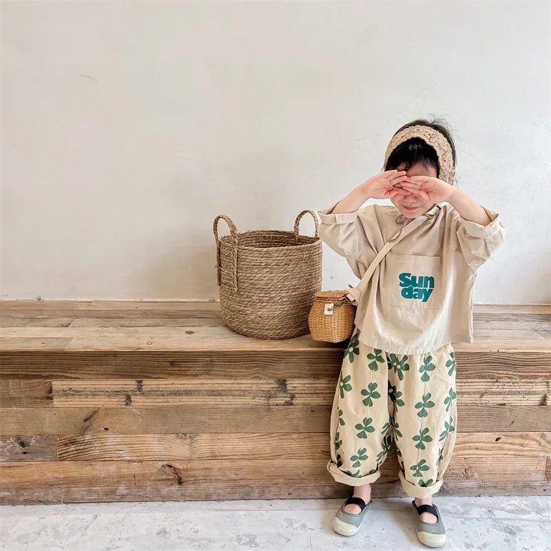 1639C Children Pants Spring New Flower Print Girl's Pant Washed Cotton Harem Pants 1-7Year Boy's Casual Pants Trousers