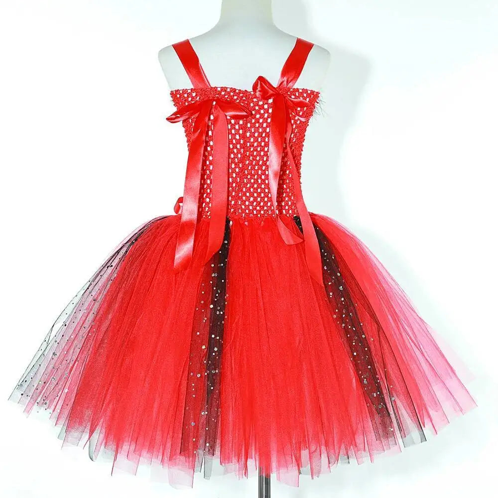 Halloween Red Devil Costumes for Girls Demon Angel Fancy Tutu Dress with Wings Horn Pitch Fork Kids Carnival Disguise Outfits