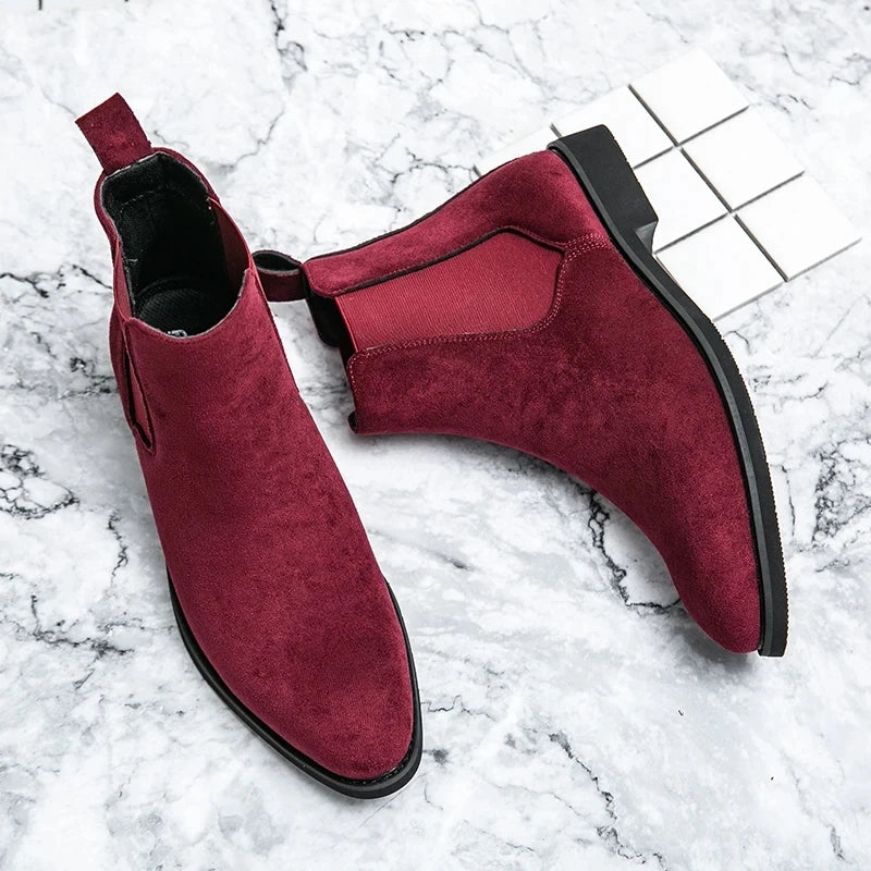 Beige Men Chelsea Boots Black Flock Round Toe Slip-On Business Handmade Men Boots  Botas De Hombre Wine Red Shoes Men