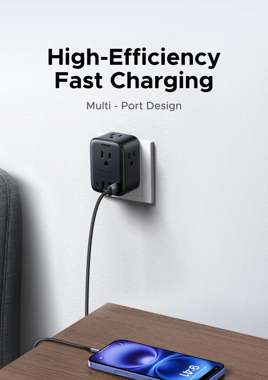 UGREEN Outlet Extender 20W Power Strip with 4 AC Outlets 3 USB A 1 USB C Wall Charger for Home Office Travel 1875W 15A 125V