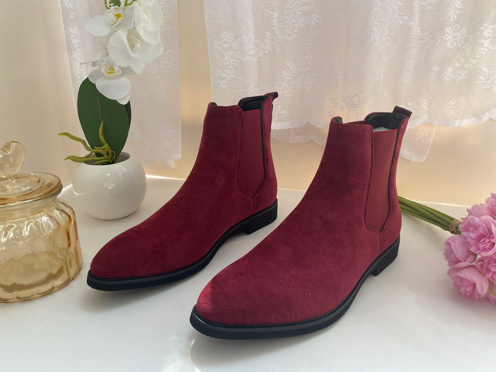 Beige Men Chelsea Boots Black Flock Round Toe Slip-On Business Handmade Men Boots  Botas De Hombre Wine Red Shoes Men