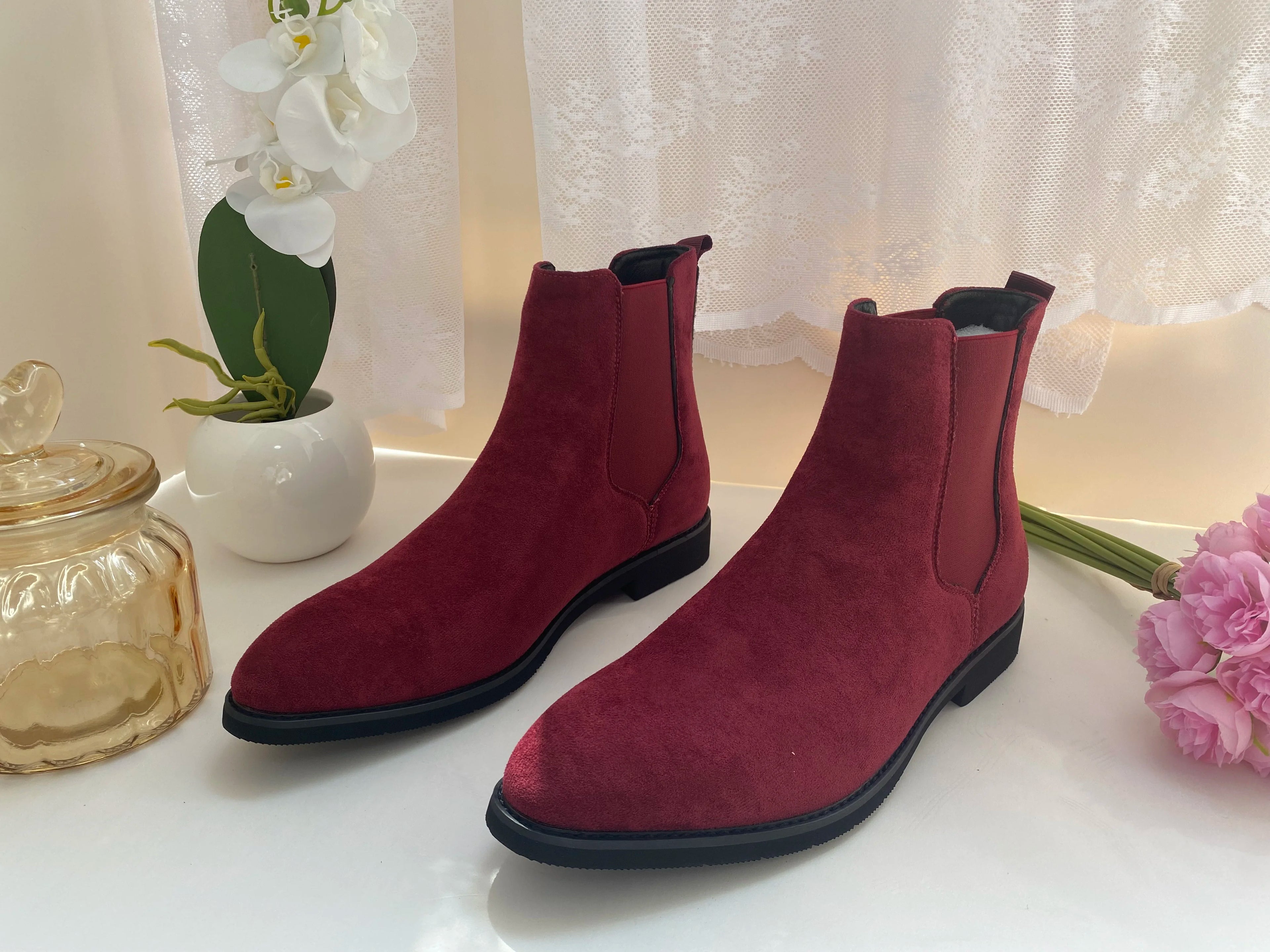 Beige Men Chelsea Boots Black Flock Round Toe Slip-On Business Handmade Men Boots  Botas De Hombre Wine Red Shoes Men