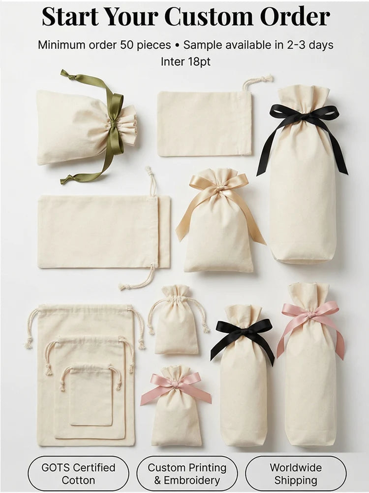 Small White Cotton Gift Bags Custom Party Muslin Linen Drawstring Bag Perfume Jewelry Logo Pouch