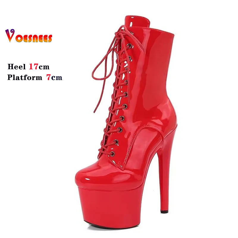 Red 17CM/6Inchs Women Boots Sexy Fashion Catwalk Knight Boots PU Upper Exotic High Heel Platform Party Boots Pole Dance Shoes