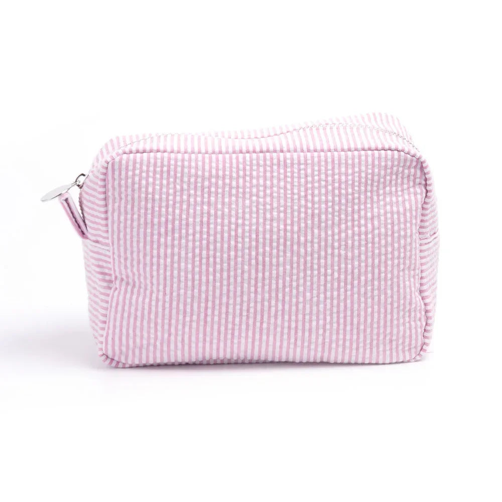 Seersucker Ruffle Cosmetic Bags Pink/Purple Striped Storage Make Up Bags for Women Lady with Zipper Travel Bag Makeup Bag