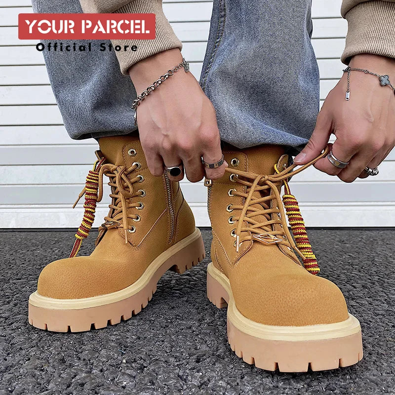 Original design Mading boots for men leather height increased by 4.5CM black retro workwear shoes British style short boots
