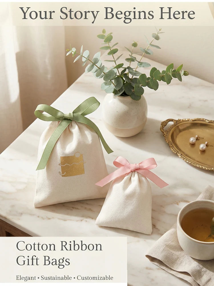 Small White Cotton Gift Bags Custom Party Muslin Linen Drawstring Bag Perfume Jewelry Logo Pouch