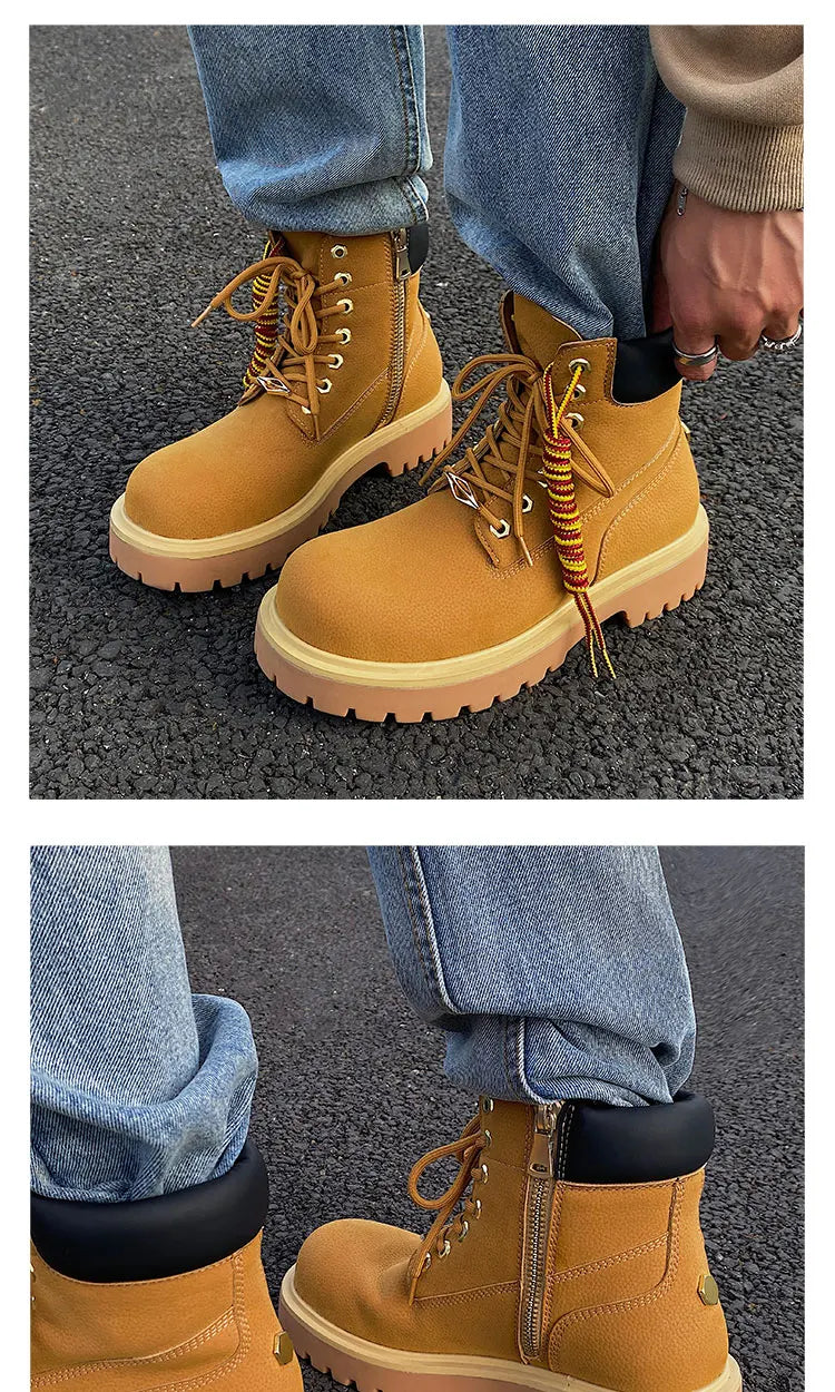 Original design Mading boots for men leather height increased by 4.5CM black retro workwear shoes British style short boots