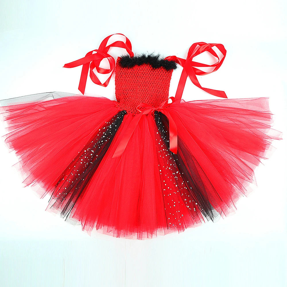 Halloween Red Devil Costumes for Girls Demon Angel Fancy Tutu Dress with Wings Horn Pitch Fork Kids Carnival Disguise Outfits