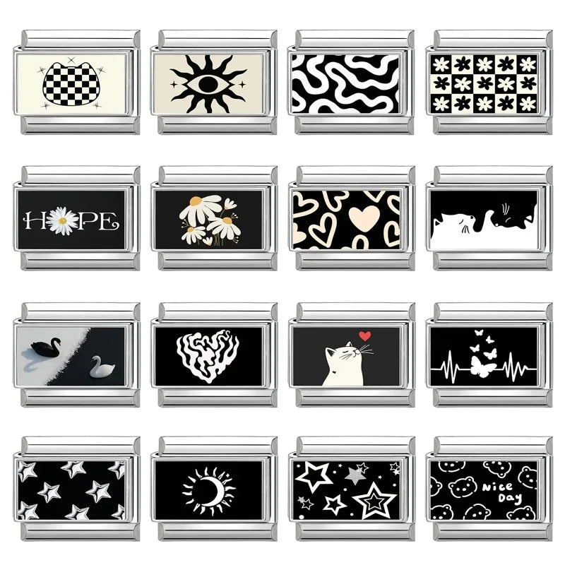 Personalized Black and White Moon Stars Cloud Italian Charm Links Fit 9mm Stainless Steel Bracelet Men Women DIY Making Gifts