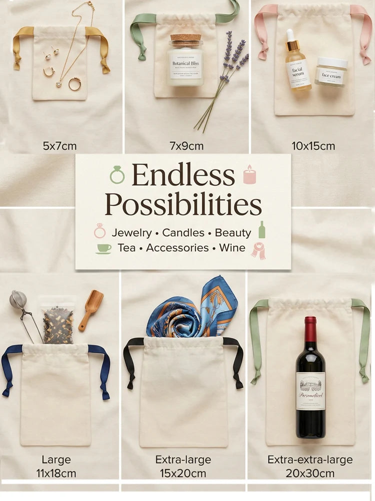 Small White Cotton Gift Bags Custom Party Muslin Linen Drawstring Bag Perfume Jewelry Logo Pouch