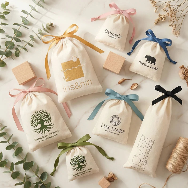 Small White Cotton Gift Bags Custom Party Muslin Linen Drawstring Bag Perfume Jewelry Logo Pouch