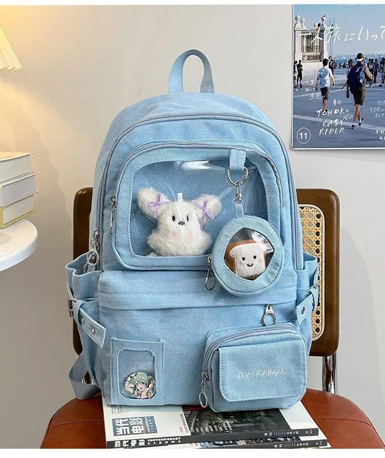 HAEX Denim Women Backpacks 2026 Large Capacity Harajuku DIY Anime Badge Ita Bag Female Student Daily Commute Mochilas Para Mujer
