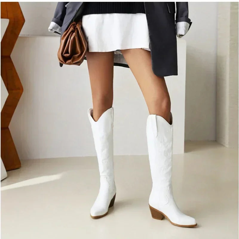 Pointed Toe Knight Boots for Women Brown PU Leather Knee High Boots Woman  Autumn Winter Western Cowboy Long Botas Mujer 2024
