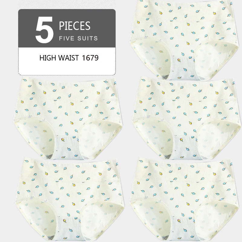 5Pcs Women's Panties Lady Cotton Underwear Print Cute Girls Breathable Seamless High Waist Briefs Woman Sexy Lingerie Intimates