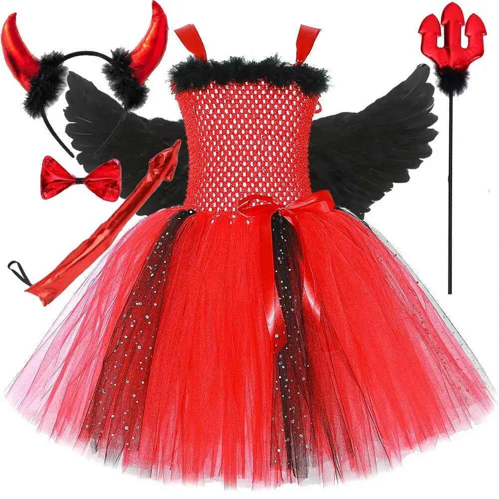 Halloween Red Devil Costumes for Girls Demon Angel Fancy Tutu Dress with Wings Horn Pitch Fork Kids Carnival Disguise Outfits