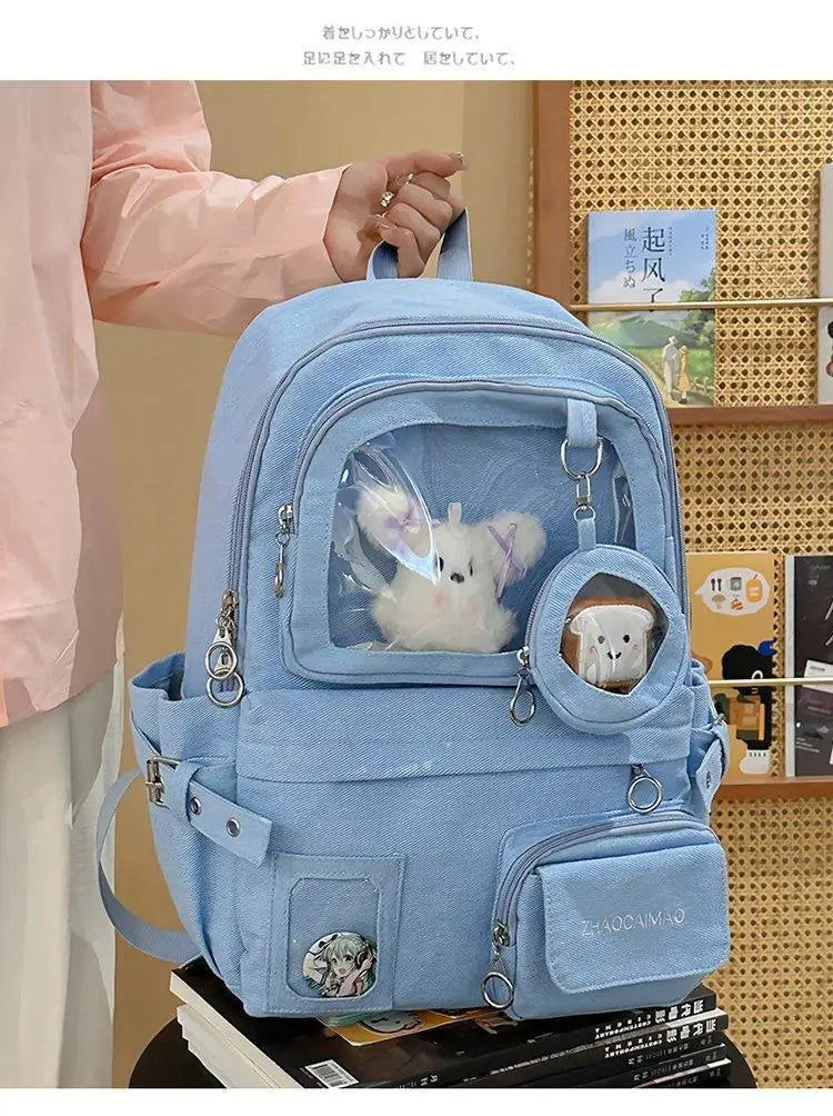 HAEX Denim Women Backpacks 2026 Large Capacity Harajuku DIY Anime Badge Ita Bag Female Student Daily Commute Mochilas Para Mujer