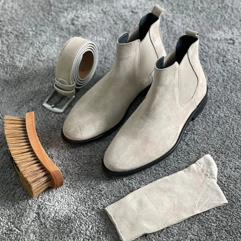 Beige Men Chelsea Boots Black Flock Round Toe Slip-On Business Handmade Men Boots  Botas De Hombre Wine Red Shoes Men