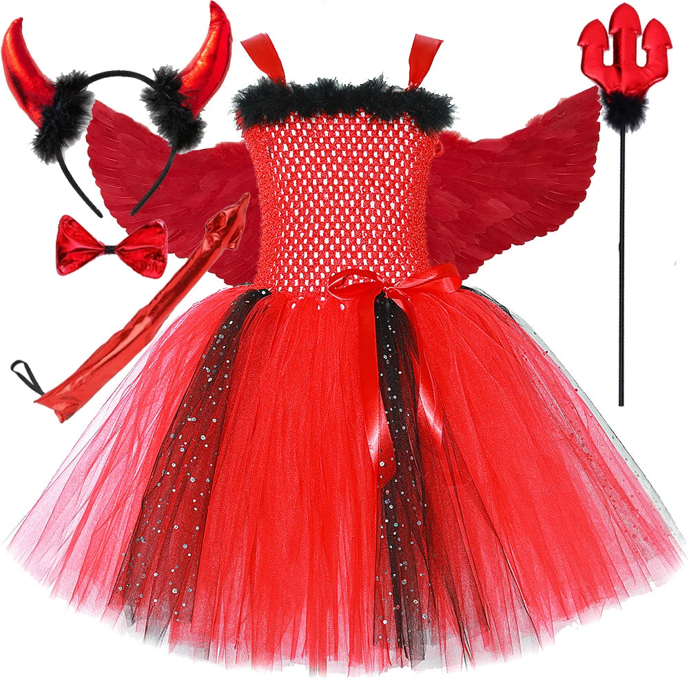 Halloween Red Devil Costumes for Girls Demon Angel Fancy Tutu Dress with Wings Horn Pitch Fork Kids Carnival Disguise Outfits
