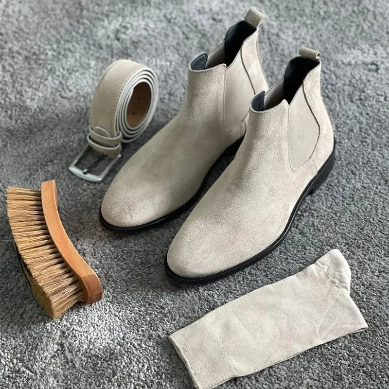 Beige Men Chelsea Boots Black Flock Round Toe Slip-On Business Handmade Men Boots  Botas De Hombre Wine Red Shoes Men