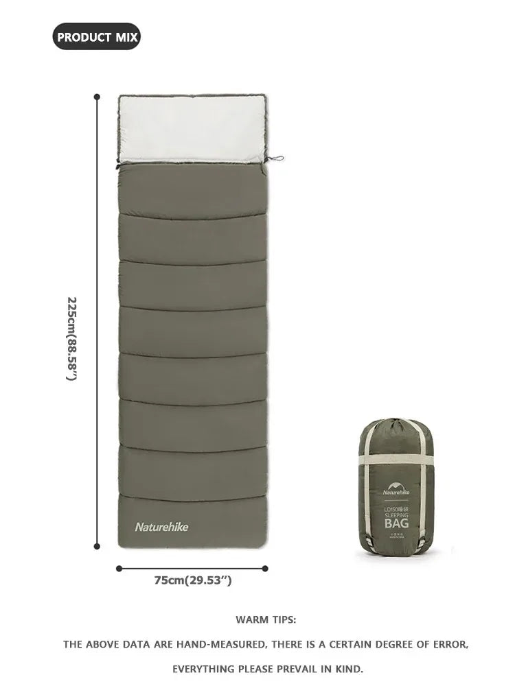 Naturehike Envelope Cotton Sleeping Bag Portable Outdoor Camping Adult Sleeping Bag Single Splicable Hooded Cotton Sleeping Bag
