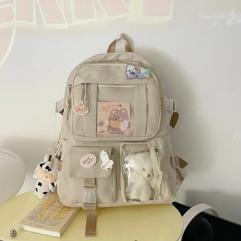 Preppy School Bag Student Backpack Nylon Cute Girl Backpack Badge Pendant Travel Bag