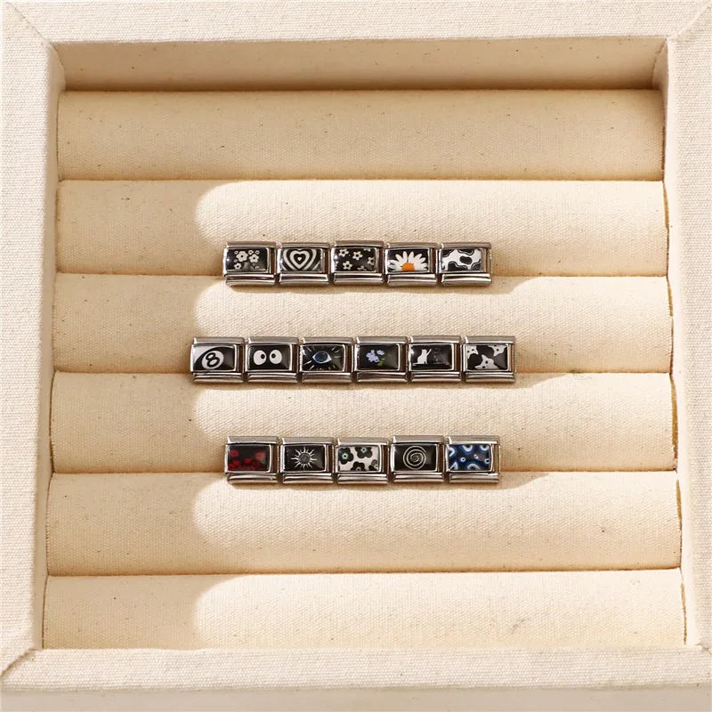 Personalized Black and White Moon Stars Cloud Italian Charm Links Fit 9mm Stainless Steel Bracelet Men Women DIY Making Gifts