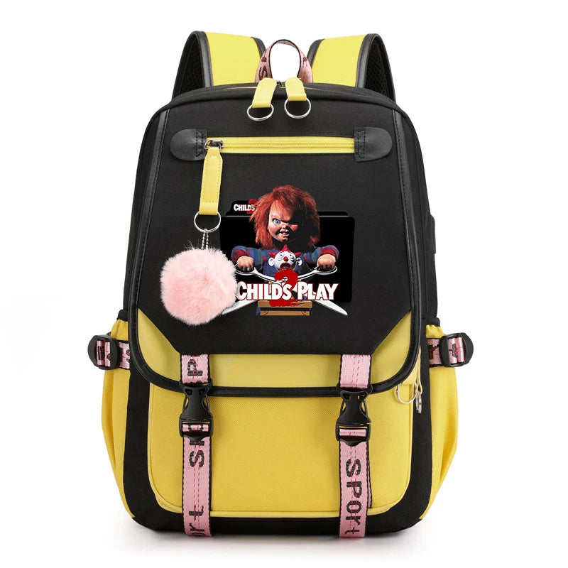 Horror Movie Child's Play Chucky Backpack Teenager School USB Charging Bags Men Women School Bag Travel Mochila