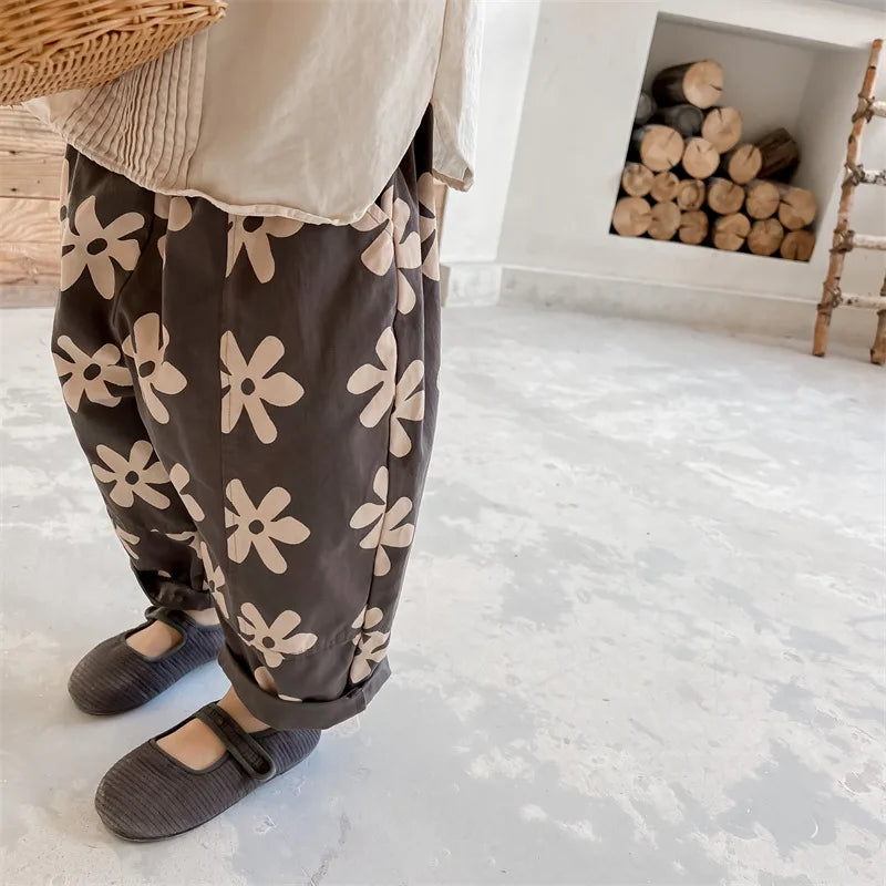 1639C Children Pants Spring New Flower Print Girl's Pant Washed Cotton Harem Pants 1-7Year Boy's Casual Pants Trousers