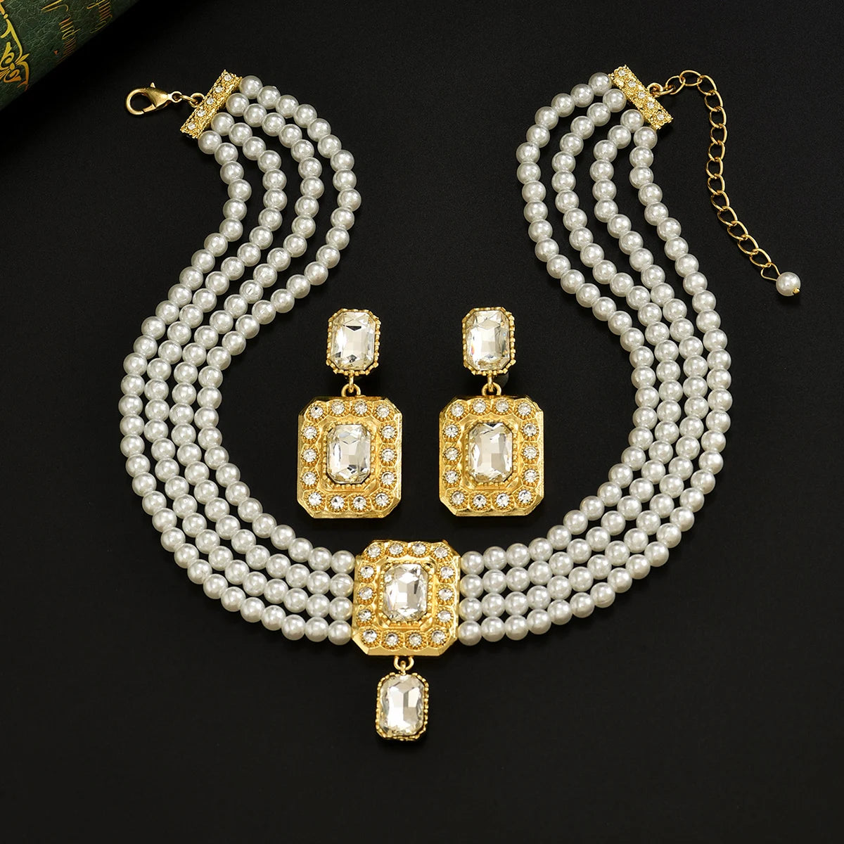 A Moroccan-Style Bridal Imitation Pearl Necklace Handcrafted Beaded Square Pendant Wedding Dress Earring Accessory