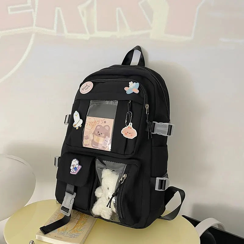Preppy School Bag Student Backpack Nylon Cute Girl Backpack Badge Pendant Travel Bag