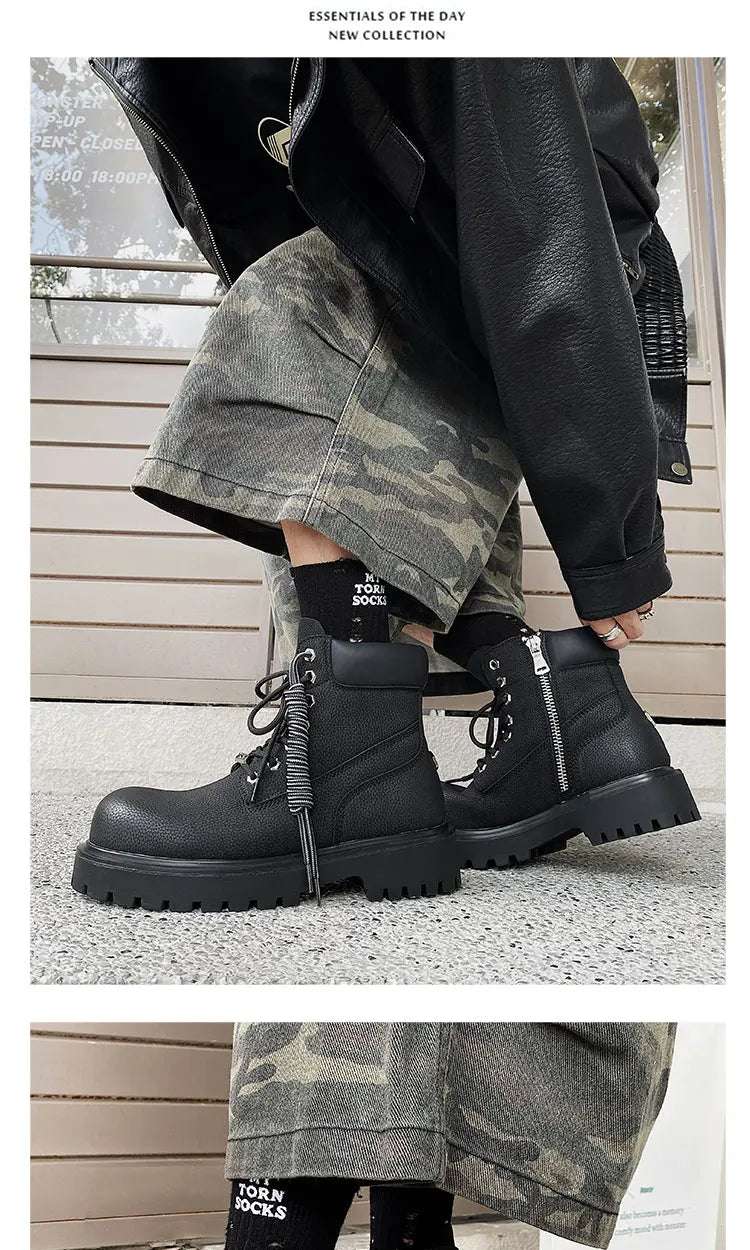 Original design Mading boots for men leather height increased by 4.5CM black retro workwear shoes British style short boots