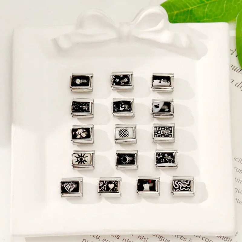 Personalized Black and White Moon Stars Cloud Italian Charm Links Fit 9mm Stainless Steel Bracelet Men Women DIY Making Gifts