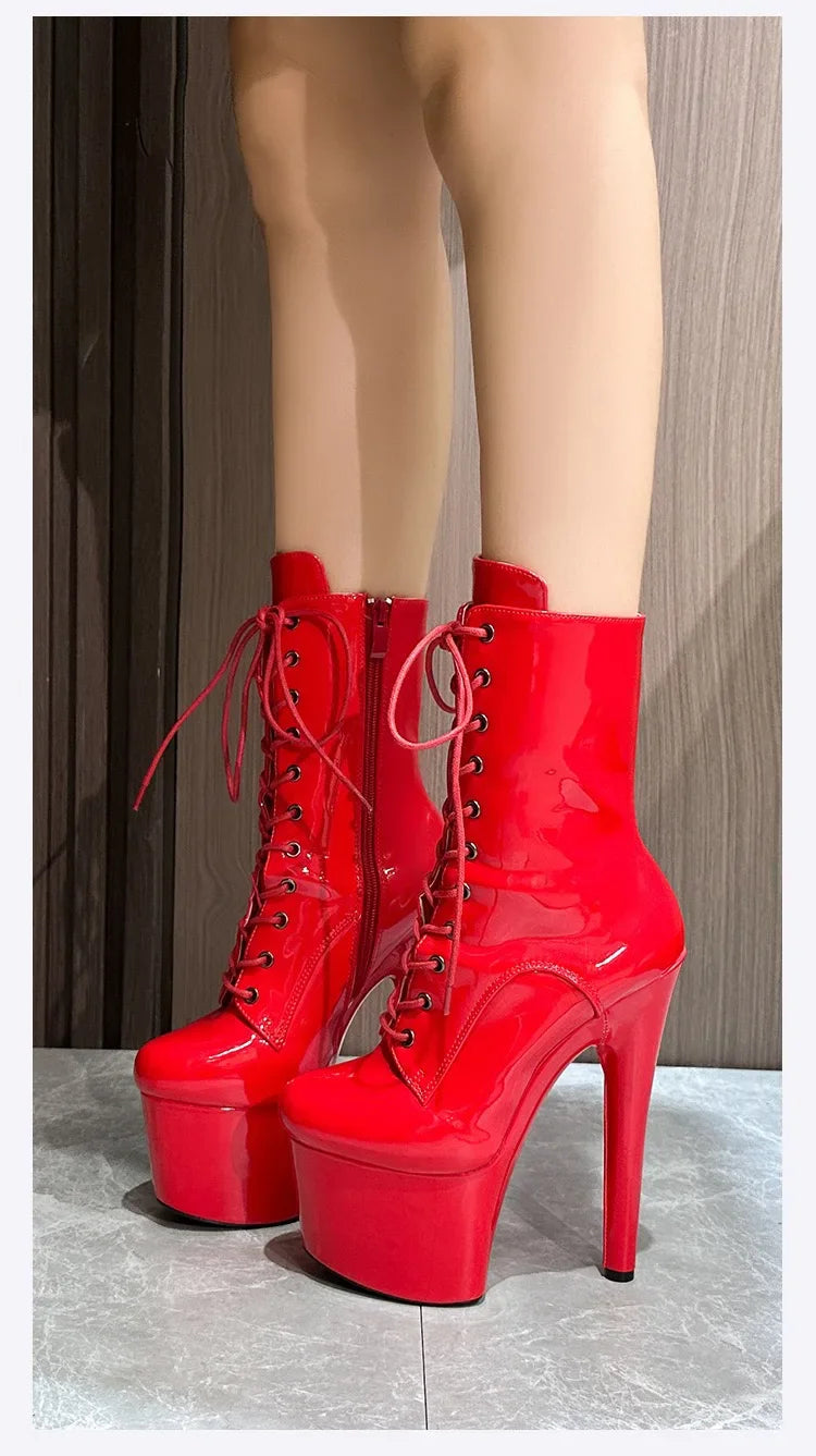 Red 17CM/6Inchs Women Boots Sexy Fashion Catwalk Knight Boots PU Upper Exotic High Heel Platform Party Boots Pole Dance Shoes
