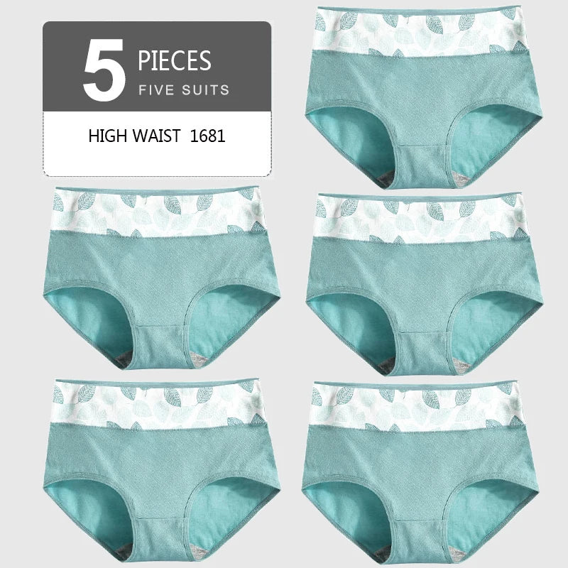 5Pcs Women's Panties Lady Cotton Underwear Print Cute Girls Breathable Seamless High Waist Briefs Woman Sexy Lingerie Intimates