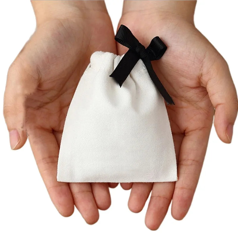 Small White Cotton Gift Bags Custom Party Muslin Linen Drawstring Bag Perfume Jewelry Logo Pouch