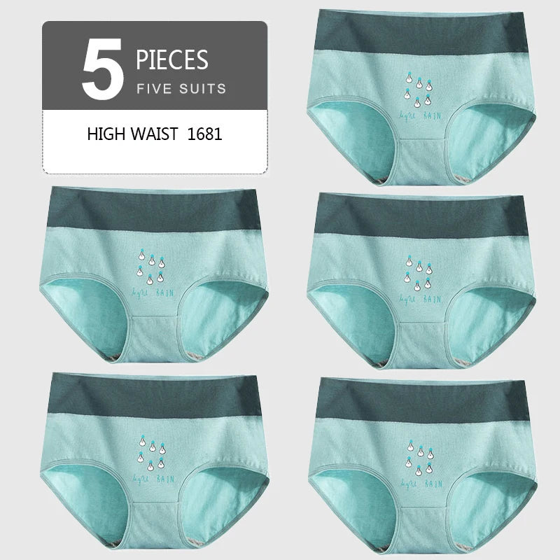 5Pcs Women's Panties Lady Cotton Underwear Print Cute Girls Breathable Seamless High Waist Briefs Woman Sexy Lingerie Intimates